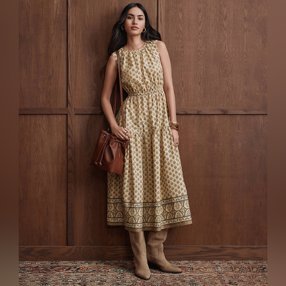 LOFT Size 14 Garden Poplin Tiered Midi Dress in Golden